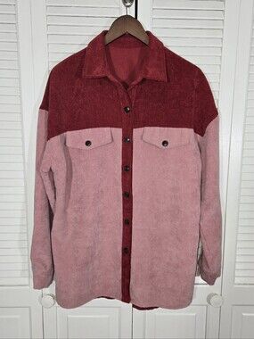 No Brand Two-Tone Corduroy Shirt Jacket  Rose Maroon Button Up Sz L